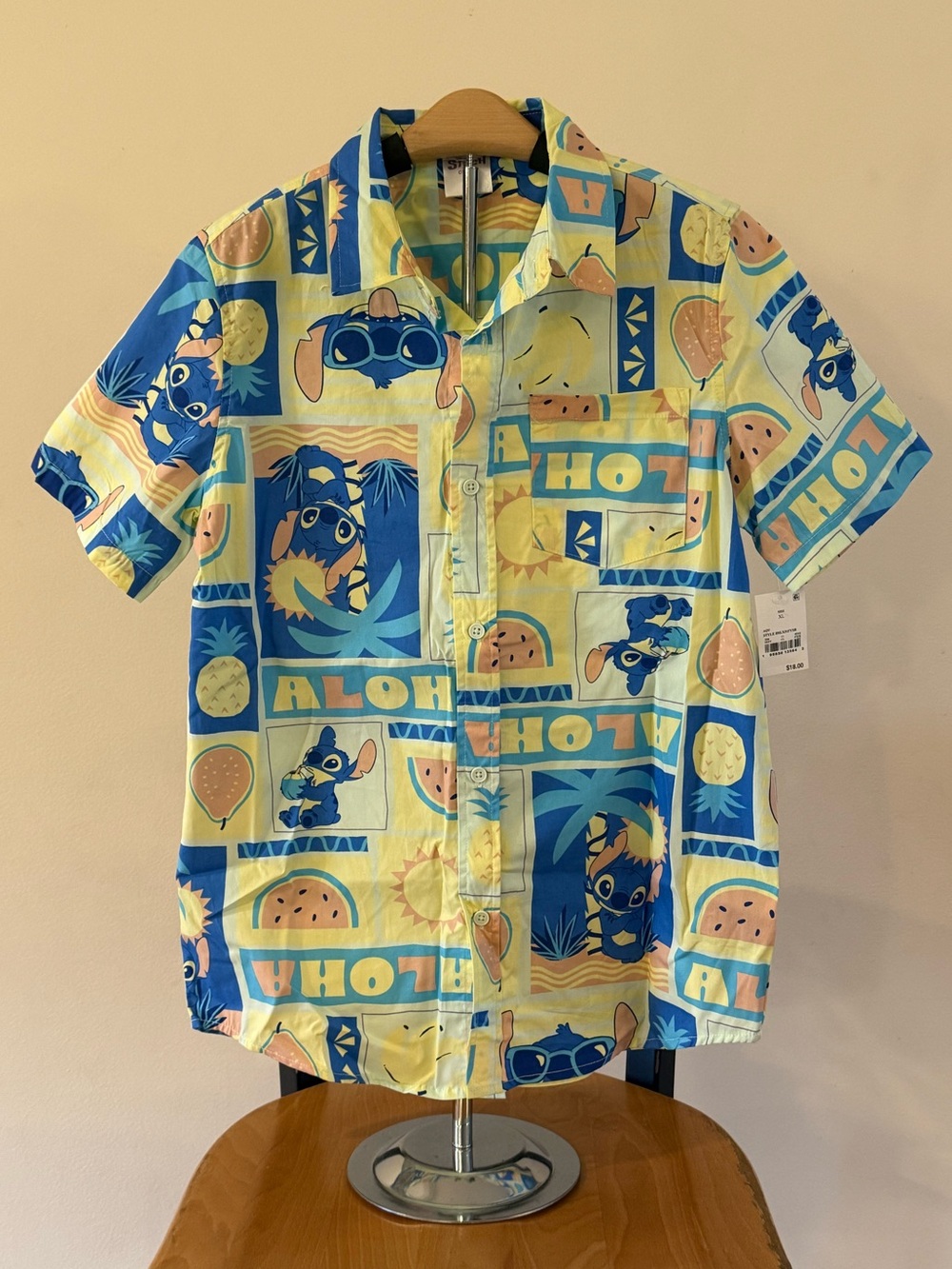 Disney Blue & Yellow 'Aloha' Stitch Print Short-Sleeve Button Up